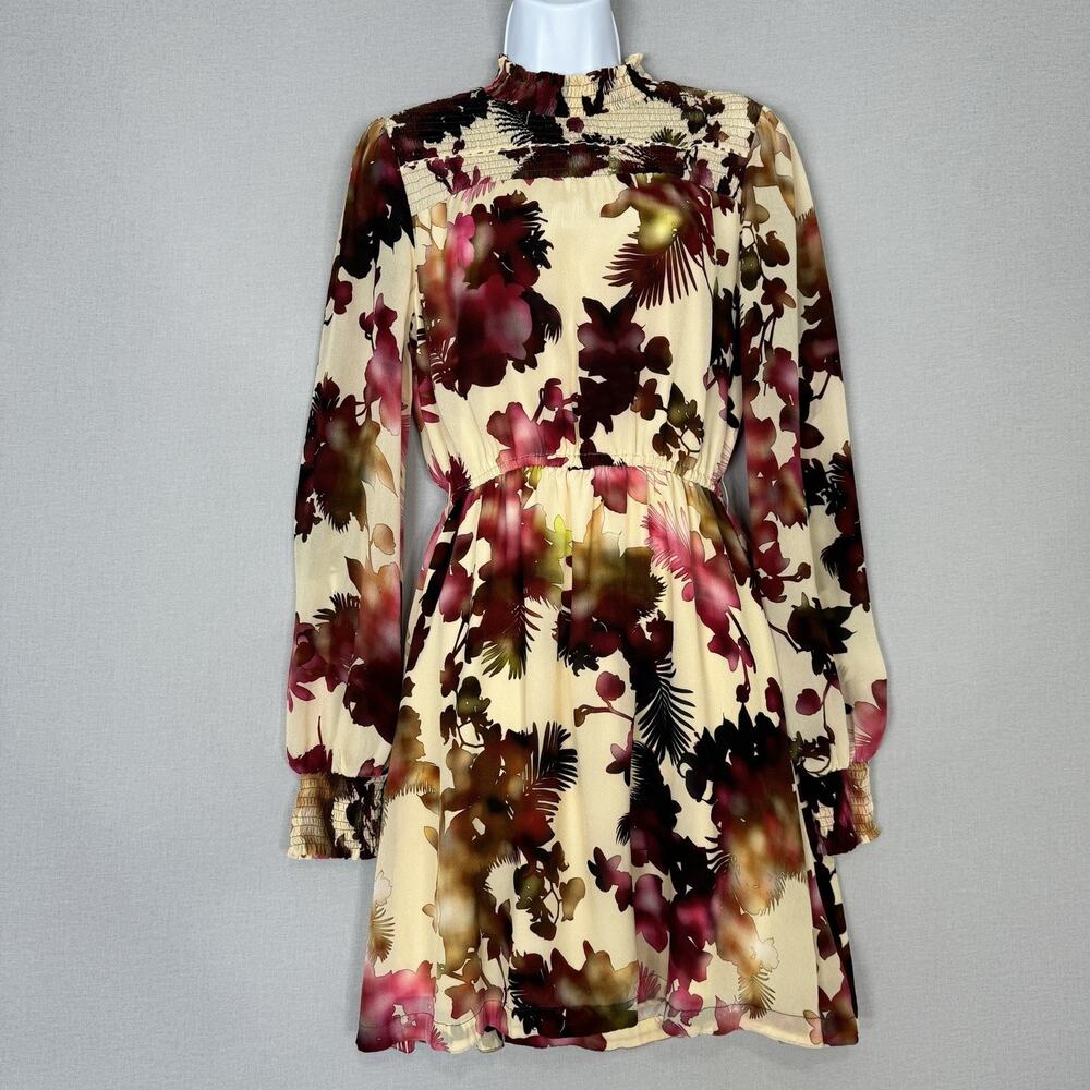 Vineet Bahl Watercolor Hibiscus Mini Dress Womens Small Cream Pink‎ Smocked Boho - Picture 2 of 16